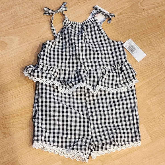 NWT Jessica Simpson Black white gingham Ruffle romper. Crochet lace. Size 4. - Picture 1 of 13